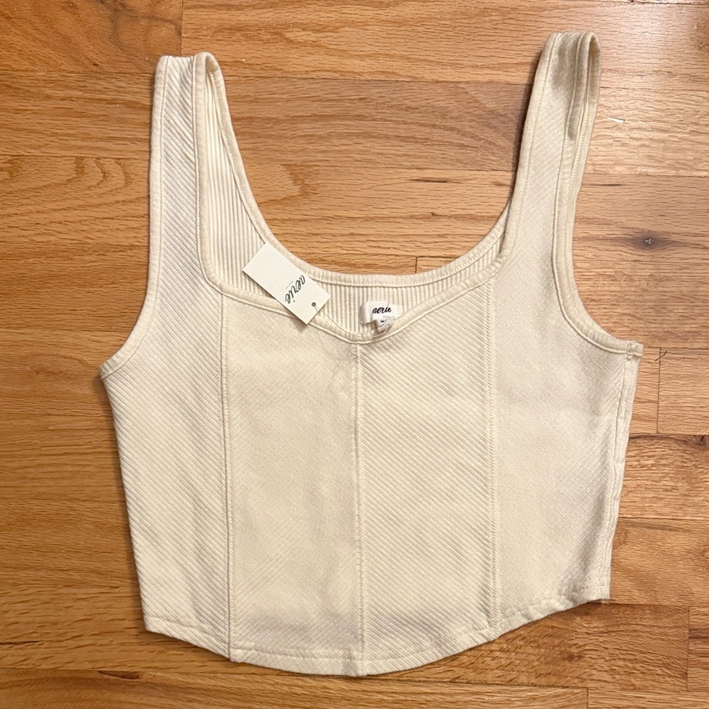 NEW Aerie Cropped Ribbed Corset Tank Top M Toasted Coconut Cream
